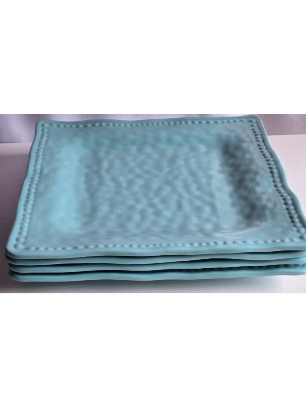 4 Tommy Bahama Blue / Aqua 10.75” Hobnail Square Melamine Dinner Plates - Picture 3 of 9